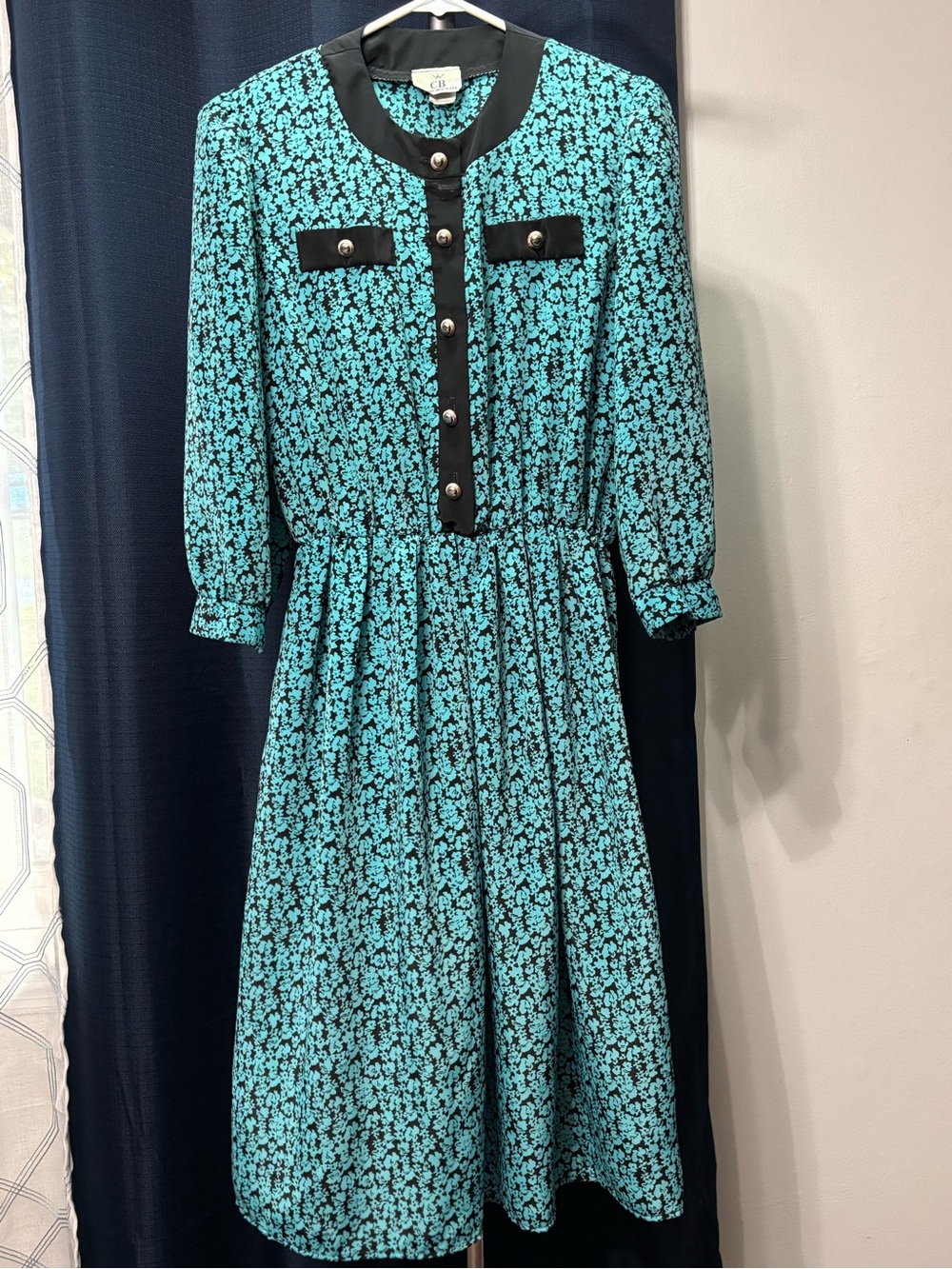 Vintage Black-Trim Teal Floral Long Sleeve Midi Dress
